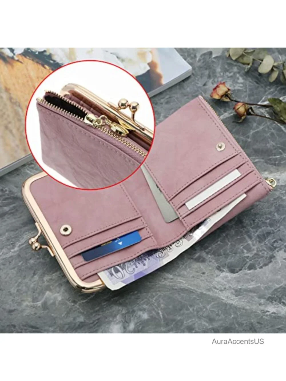 PU Leather Bifold Wallet with Zipper and Kiss Lock